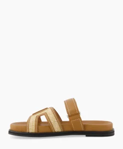 Sandalen^Bibi Lou Sandaal Zonder Hak Leather And Rafia Licht Bruin