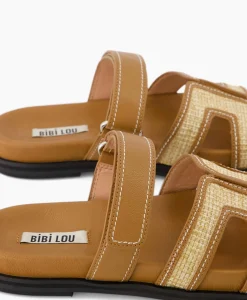 Sandalen^Bibi Lou Sandaal Zonder Hak Leather And Rafia Licht Bruin