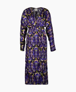 Jurken^Forte_forte Midi Jurk Print Satin Dress Norther Light Paars