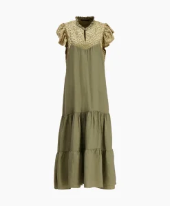 Jurken^Greek Archaic Kori Maxi Jurk Long New All Over Sleeveless Ruffles Goud
