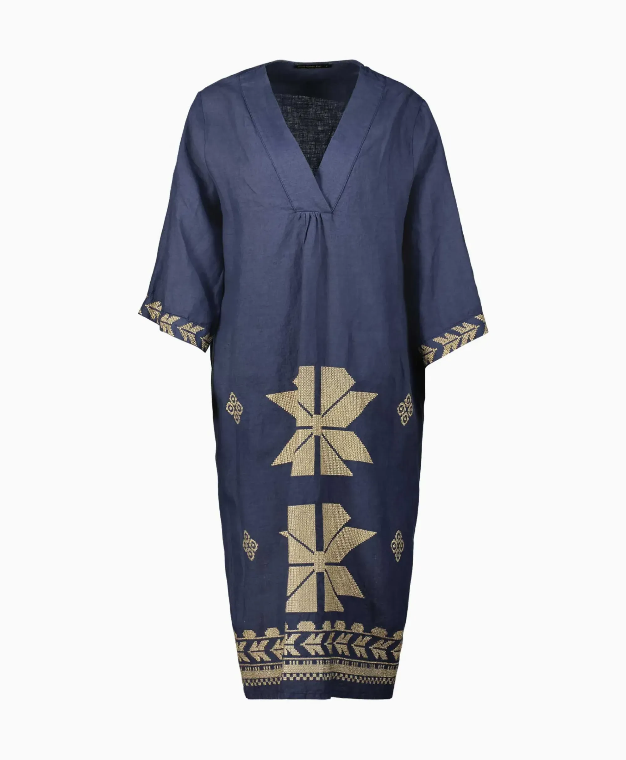 Bruiloftskleding^Greek Archaic Kori Midi Jurk Aeolis V-Neck Donker Blauw