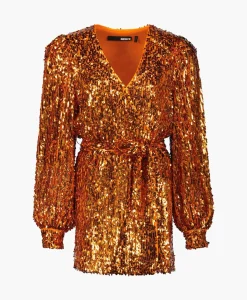 Jurken^Rotate Mini Jurk Sequins Belted Oranje